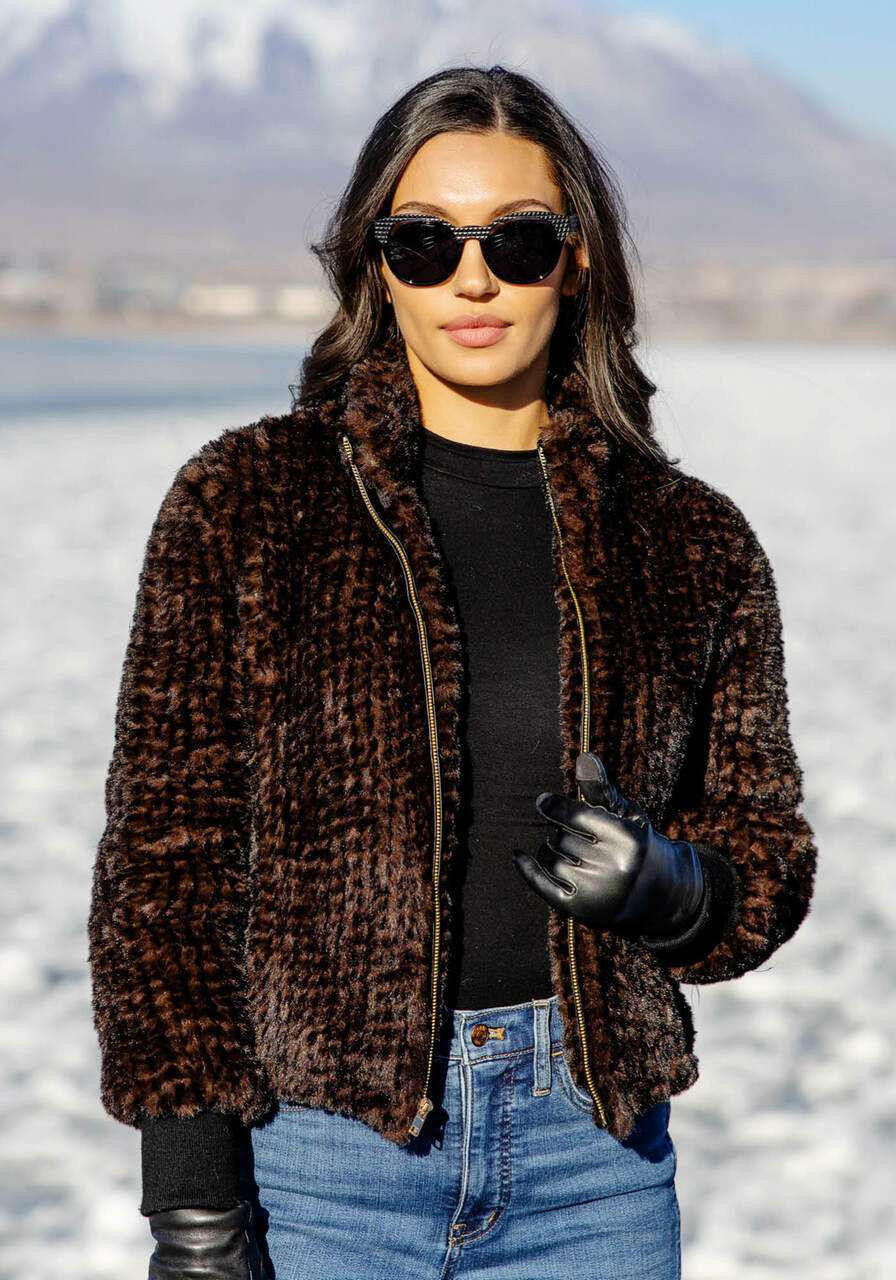 Whiskey Faux Fur 5th Ave Knitted Bomber Jacket