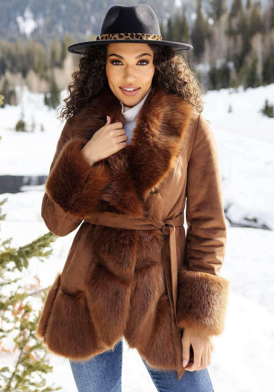 Women's Belted Faux Fur Coat