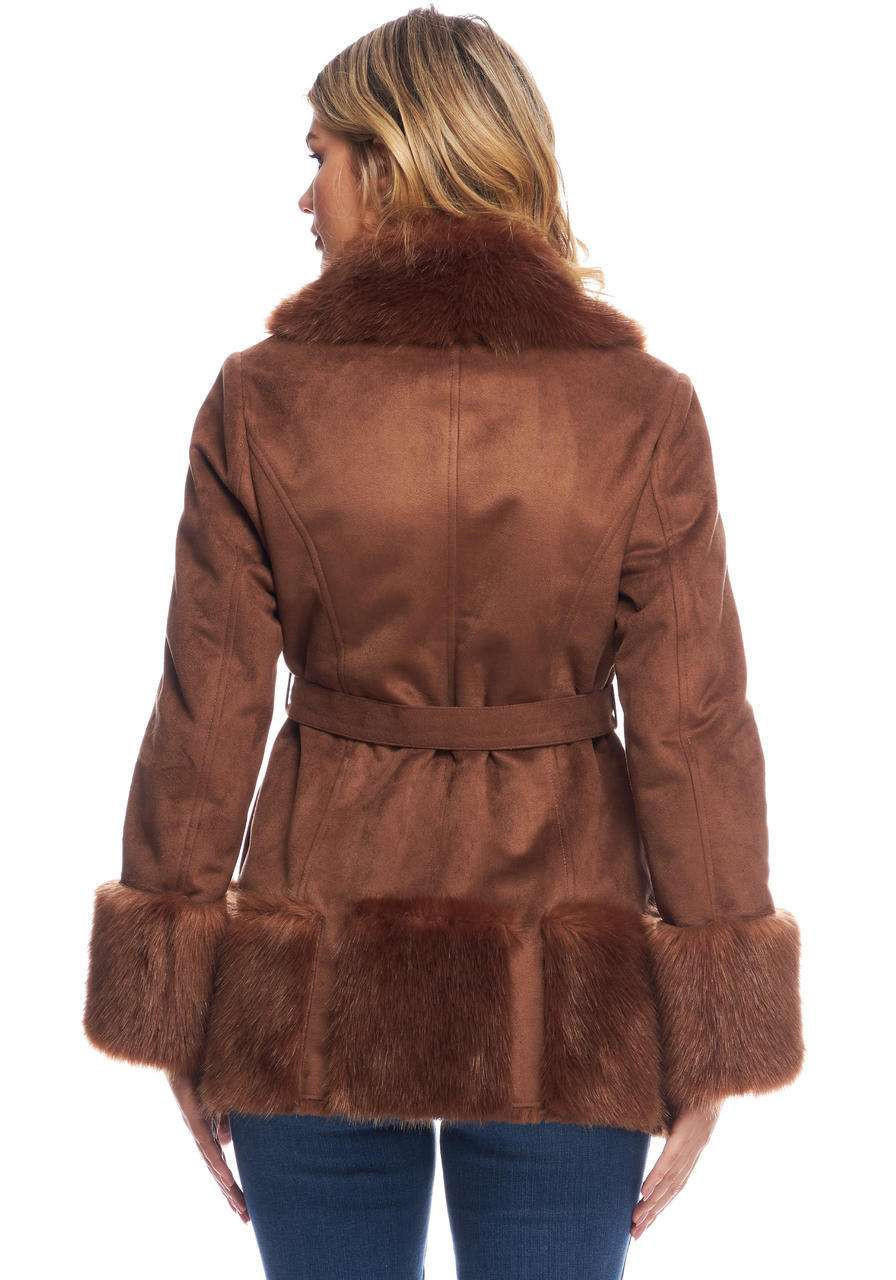 Cognac Faux Suede & Faux Fur Highland Belted Coat