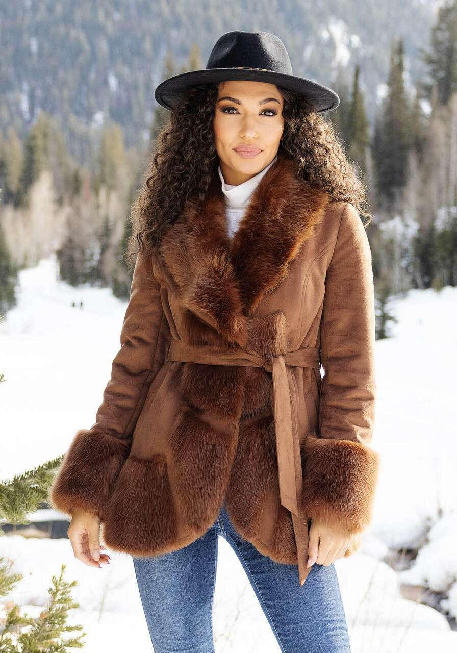 Cognac Faux Suede u0026 Faux Fur Highland Belted Coat