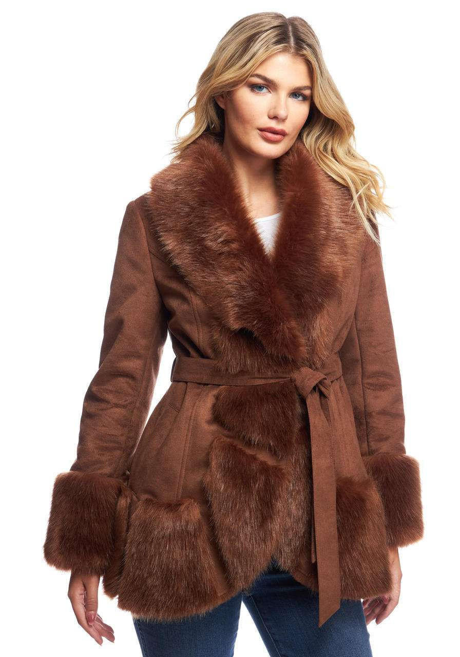 Cognac Faux Suede & Faux Fur Highland Belted Coat