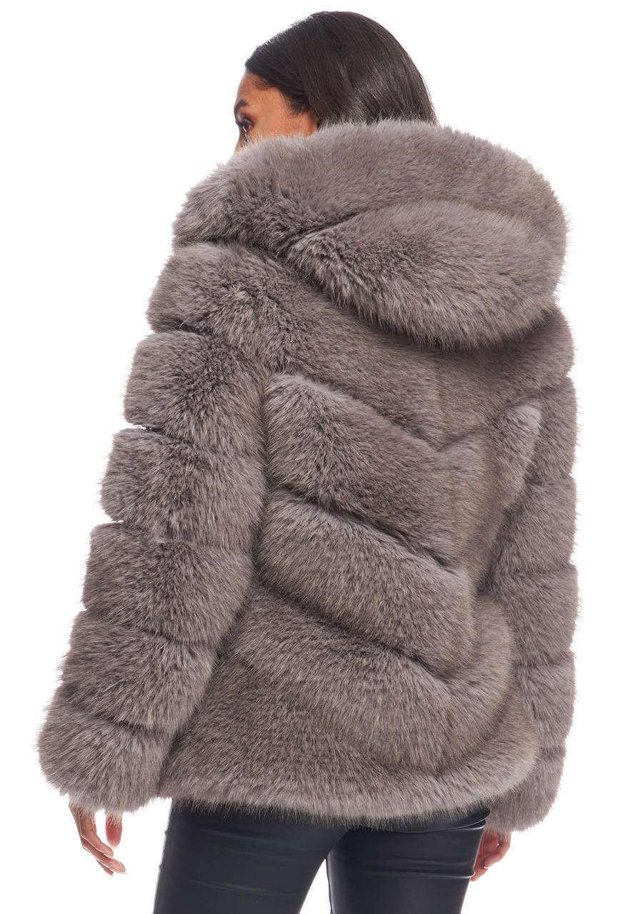 Grey Fox Faux Fur Chateau Chevron Hooded Coat