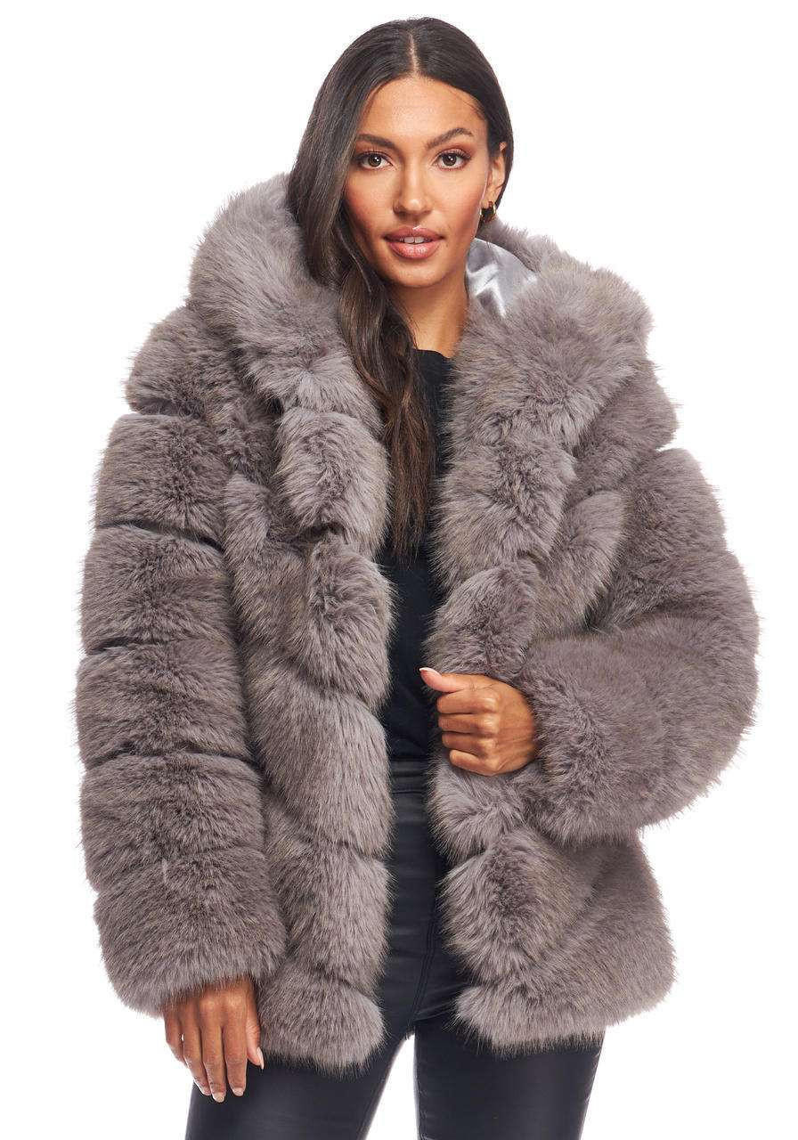 Grey Fox Faux Fur Chateau Chevron Hooded Coat