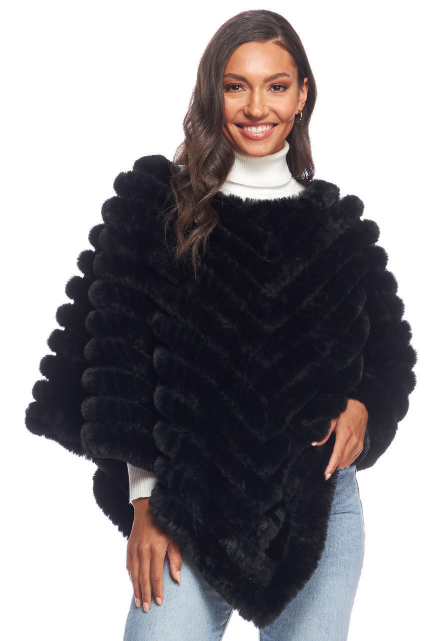 Black Faux Fur Deluxe Knitted Poncho Women's Ponchos & Wraps