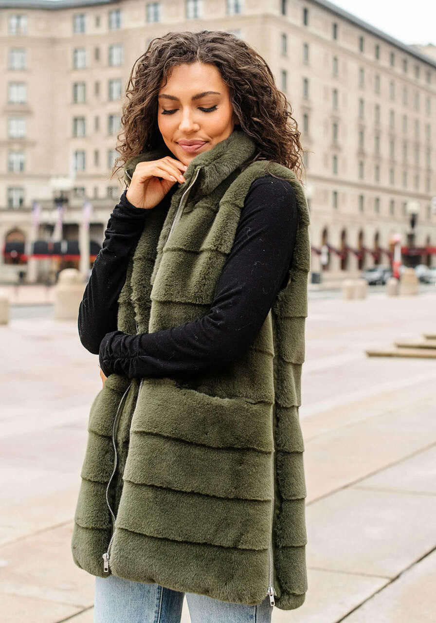 Olive Faux Fur Weekender Zip Vest Collections Fabulous-Furs