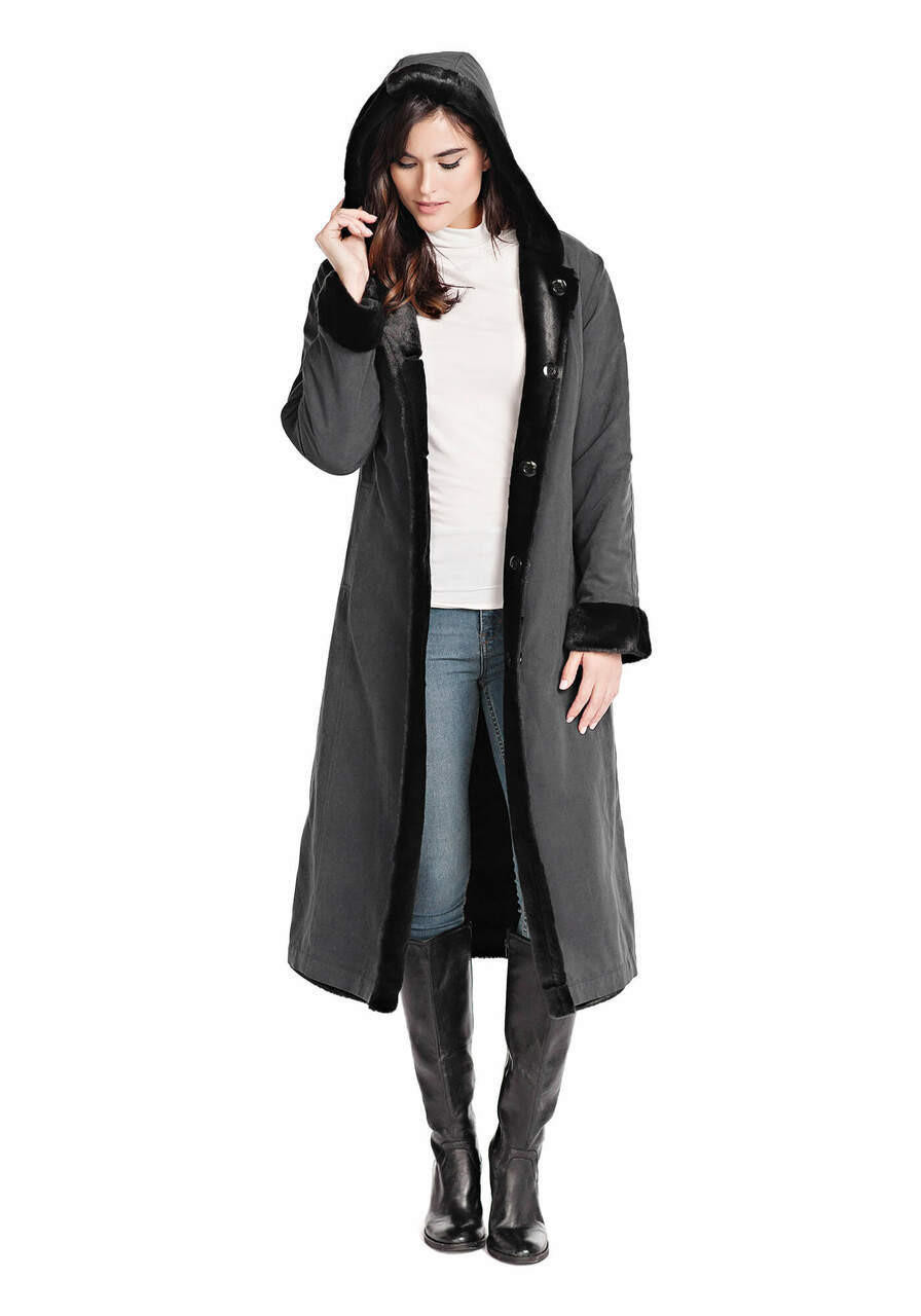 Black Faux Fur Hooded Reversible Storm Coat