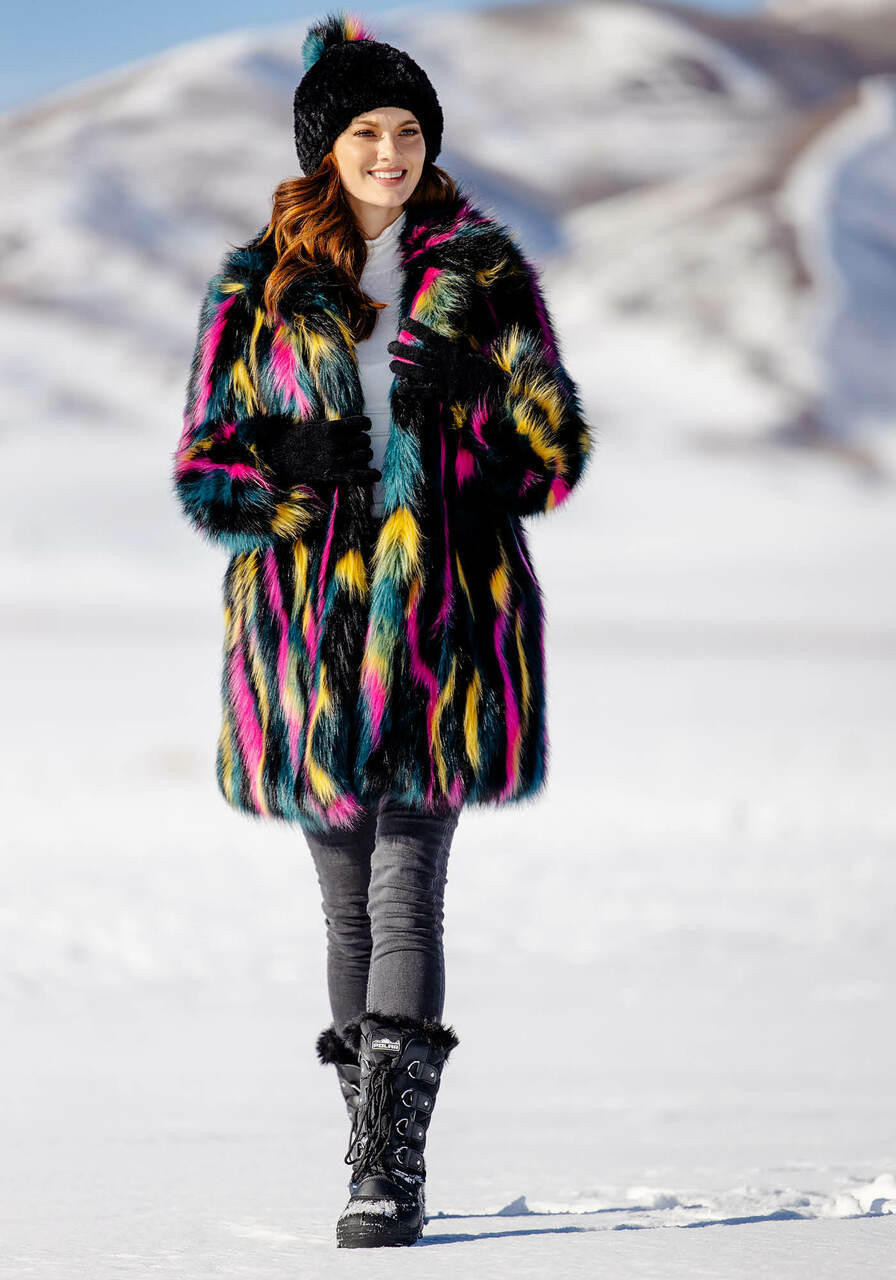 Neon Faux Fur Long Weekend Fox Coat Women's Coats & Jackets