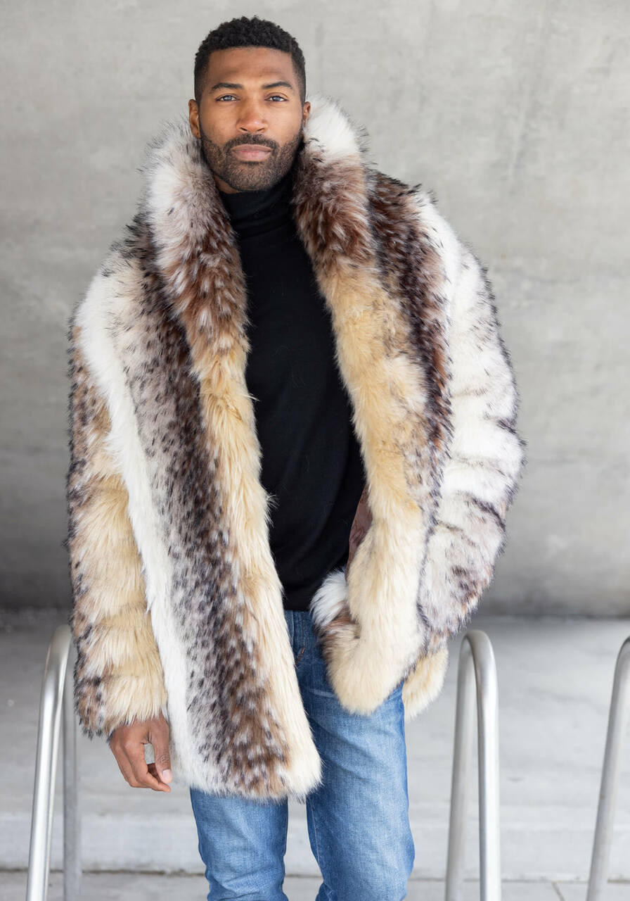 Fabulous Furs Men's Shawl Collar Faux Fur Coat