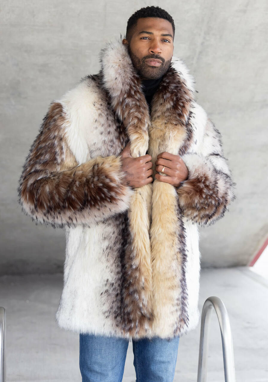 Fabulous Furs Men's Shawl Collar Faux Fur Coat Arctic Wolf