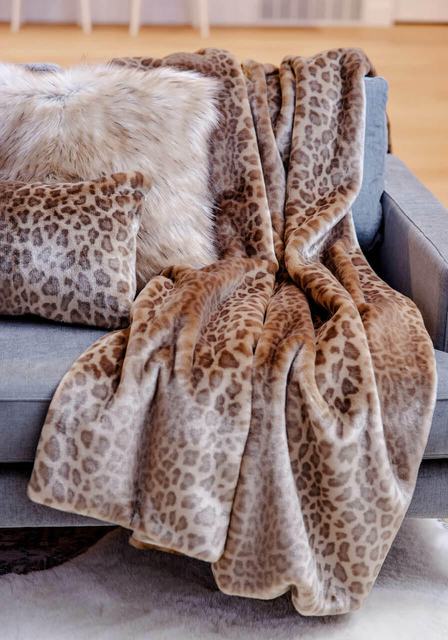 Cheer Collection Set of 2 Snow Leopard Print Soft Velvety Faux Fur