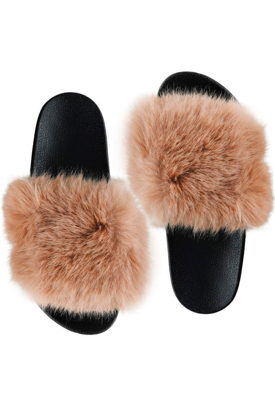 Camel Faux Fur Trimmed Slides Collections Fabulous Furs