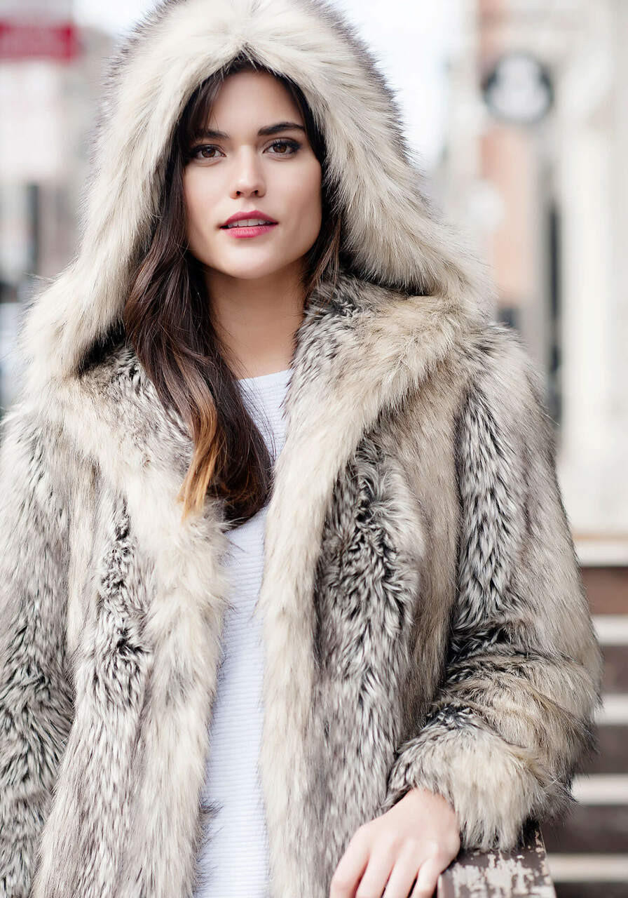 Pale Grey Faux Fur Hooded Puffer Jacket