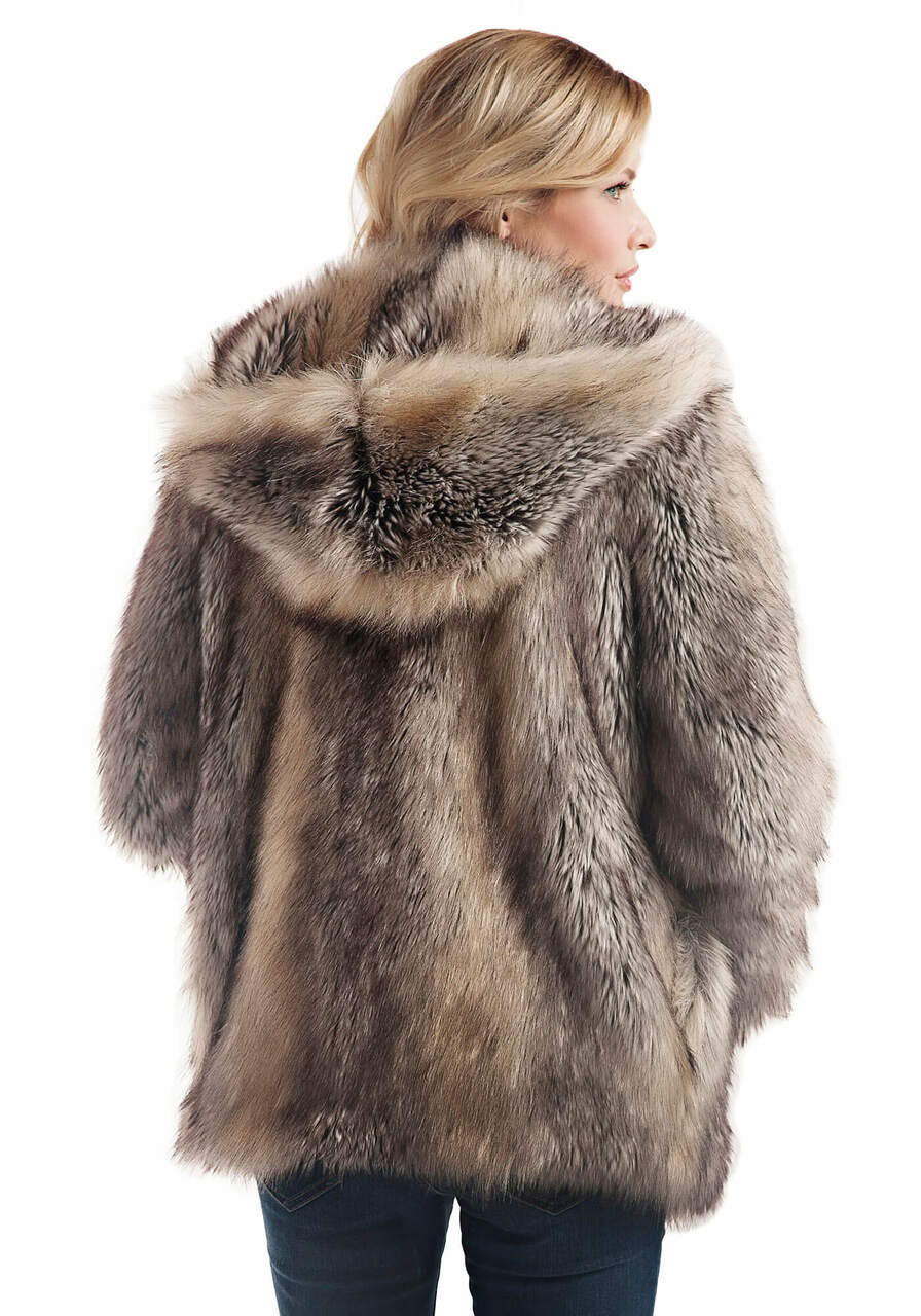 Grey Fox Faux Fur Hooded Coat Women Fabulous-Furs