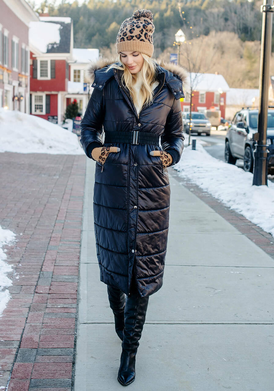 Black puffer faux fur clearance coat