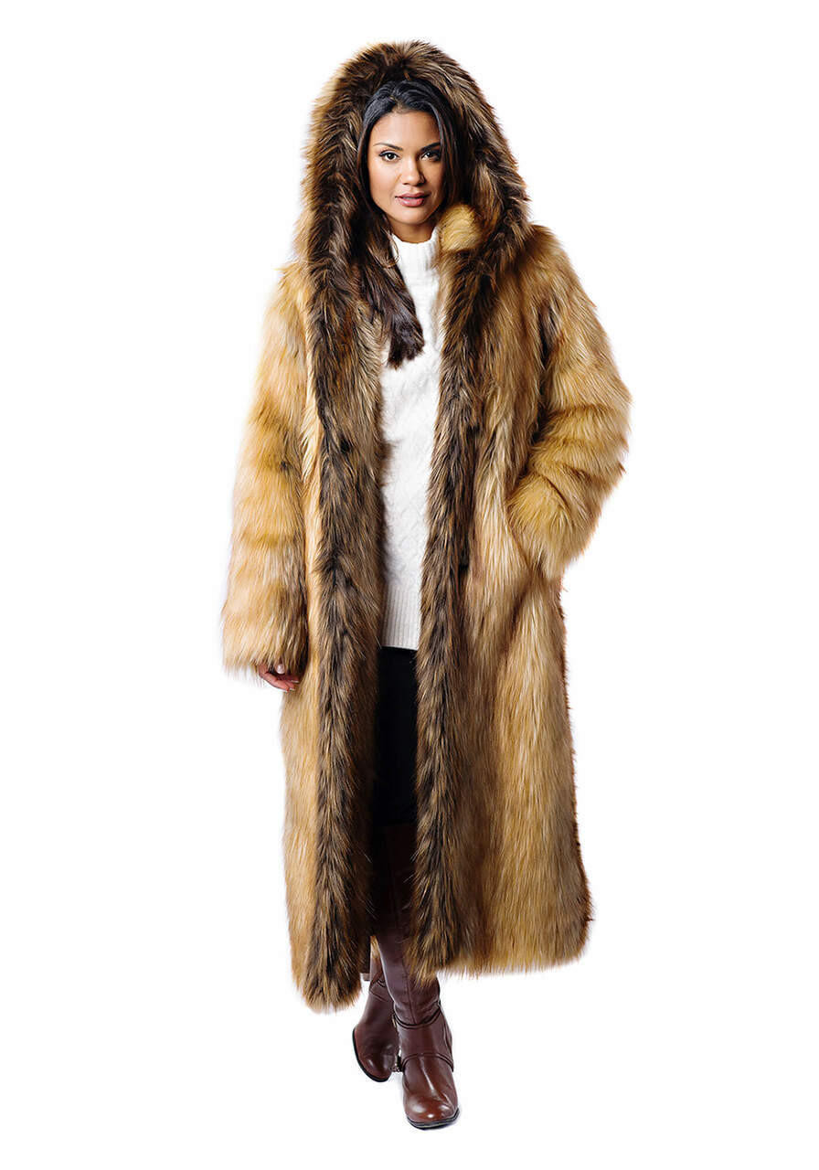 Red Fox Hooded Full-Length Faux Fur Coat -Fabulous-Furs