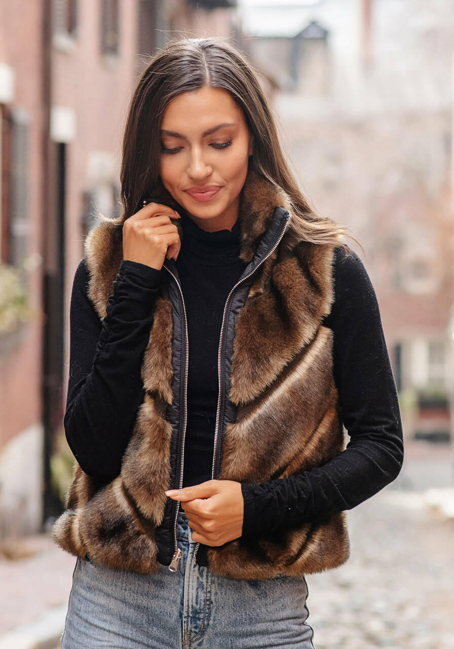 Sable Chevron Reversible Faux Fur Shortie Vest