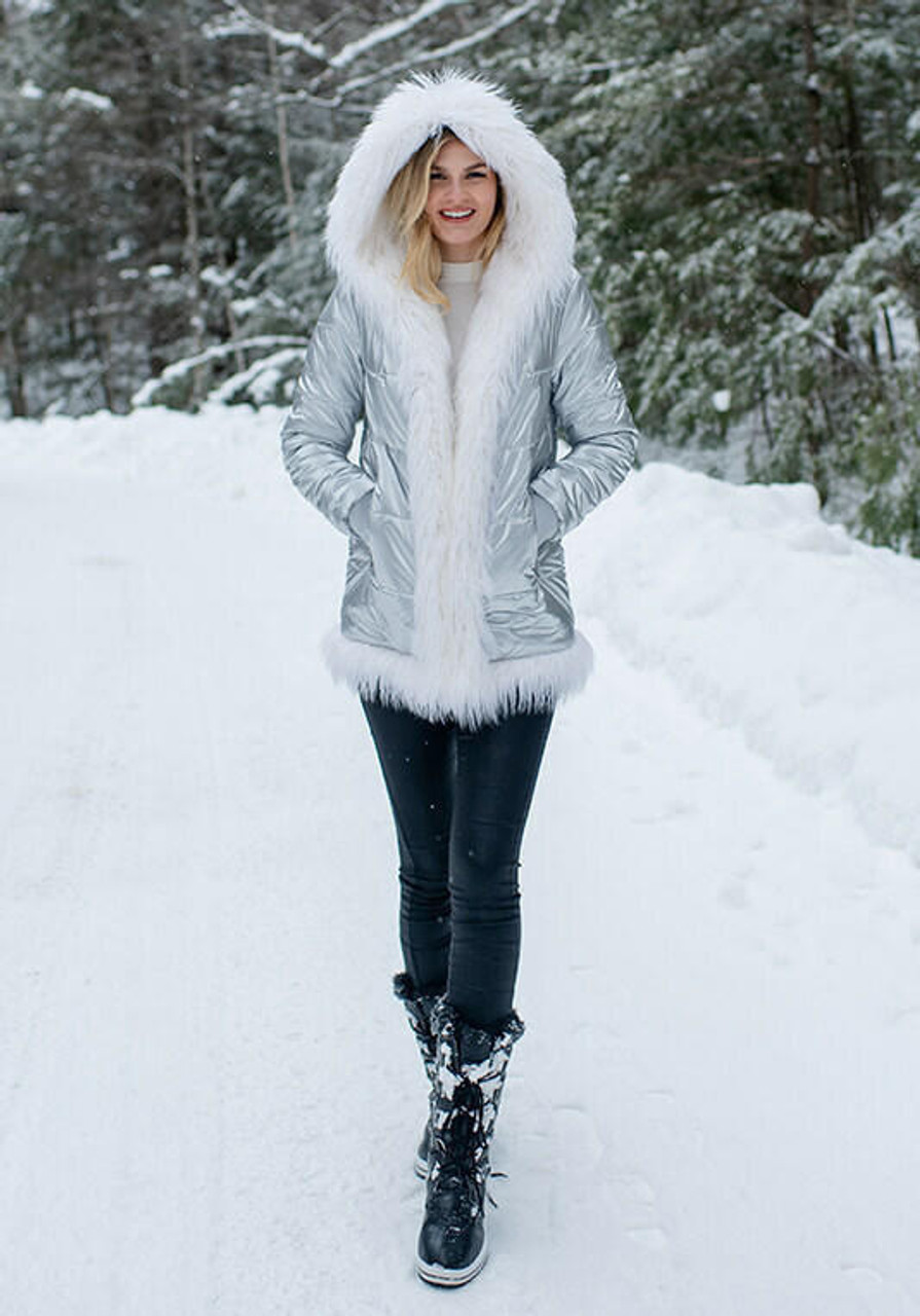 Silver puffer coat hot sale with fur hood