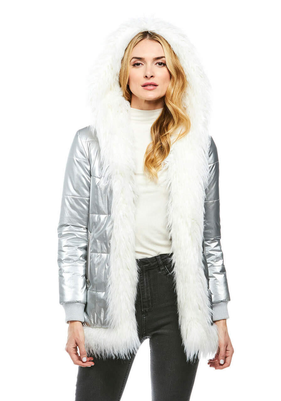 Silver Metallic Hooded Faux Fur-Trimmed Puffer Coat