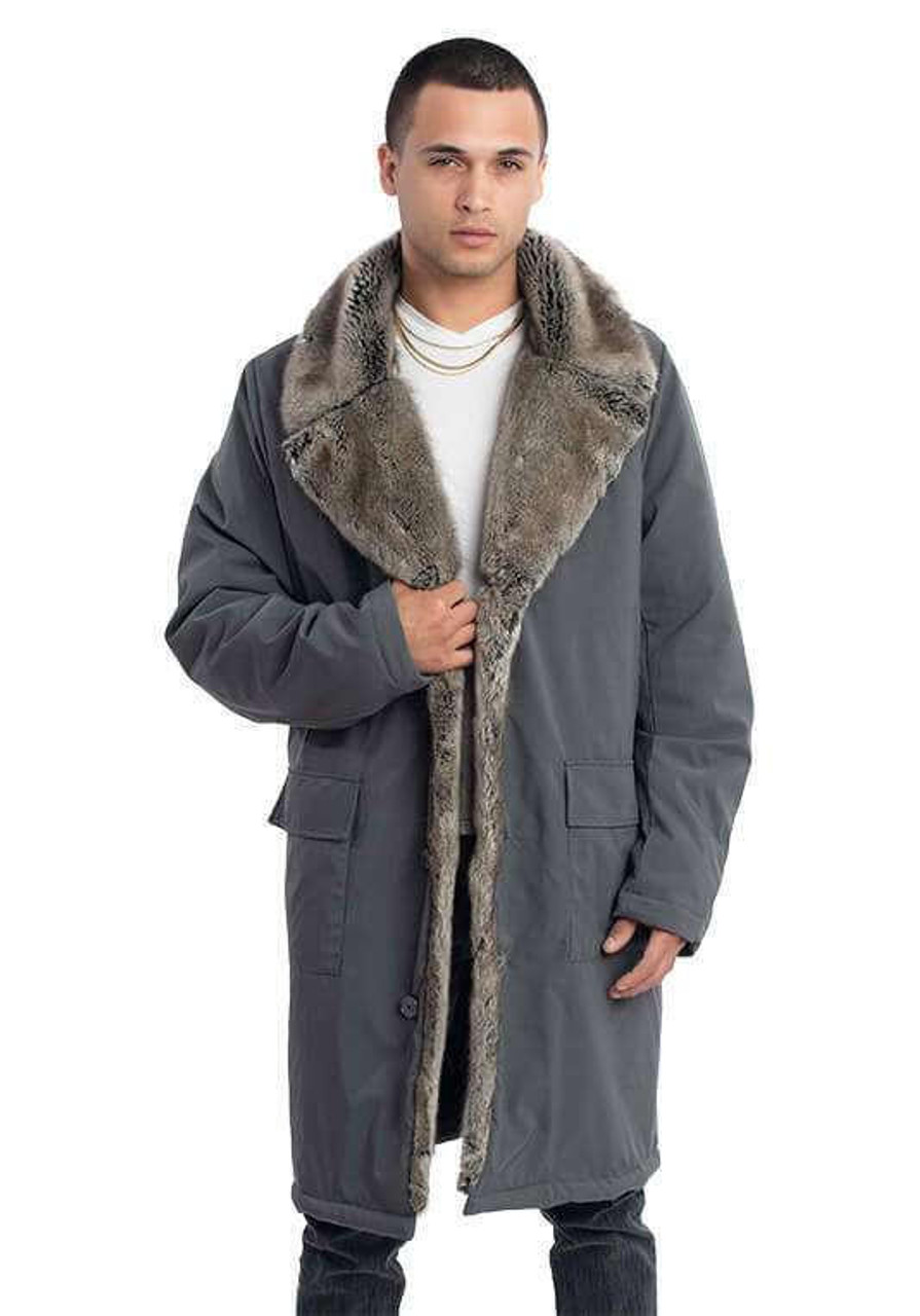 Men's Charcoal Fuax Fur-Trimmed Storm Coat