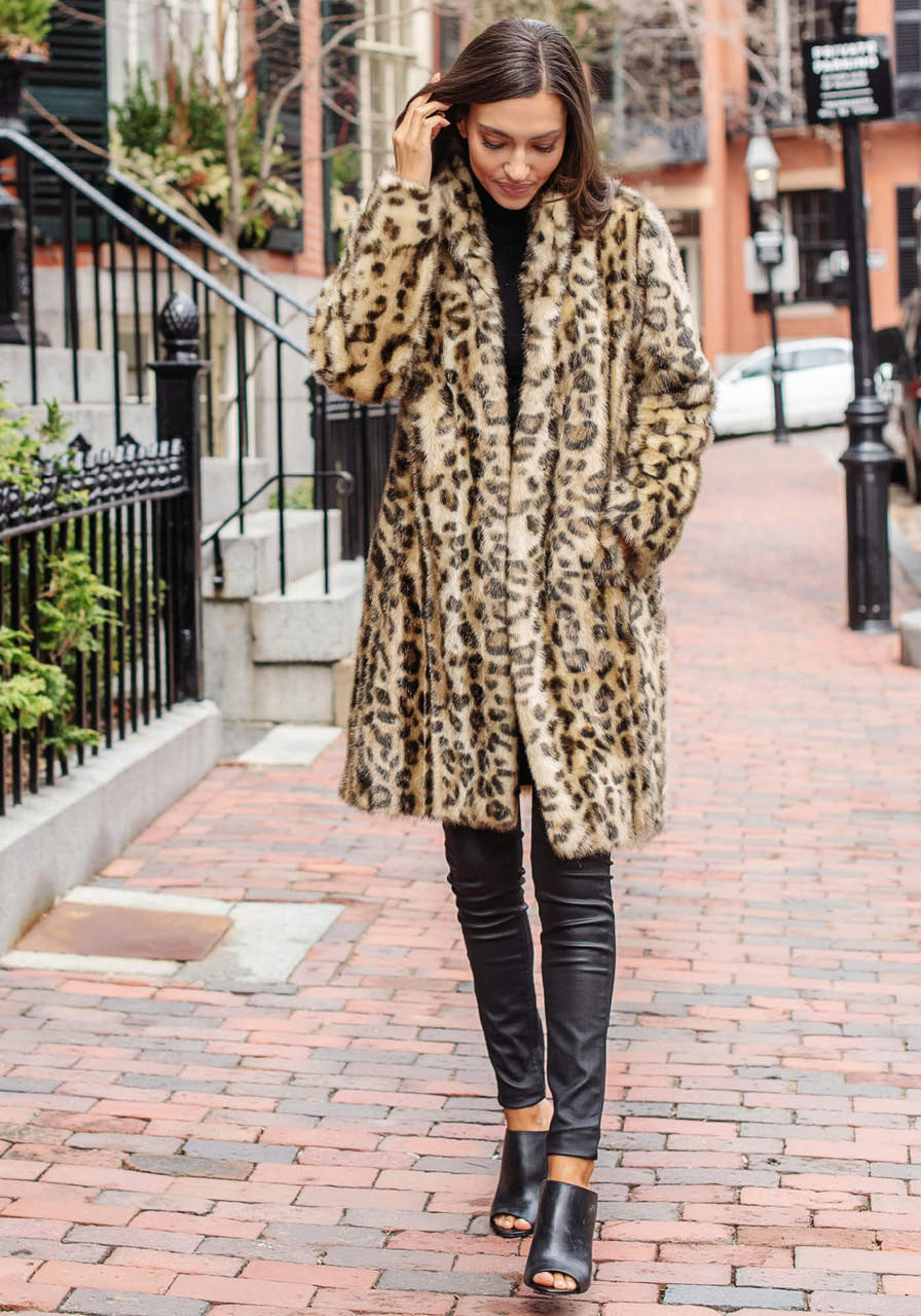 Leopard Signature Knee-Length Faux Fur Coat