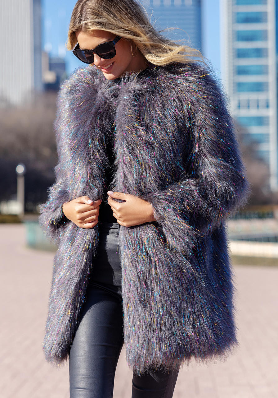 Tinseltown Faux Fur Collarless Coat Women's Coats & Jackets