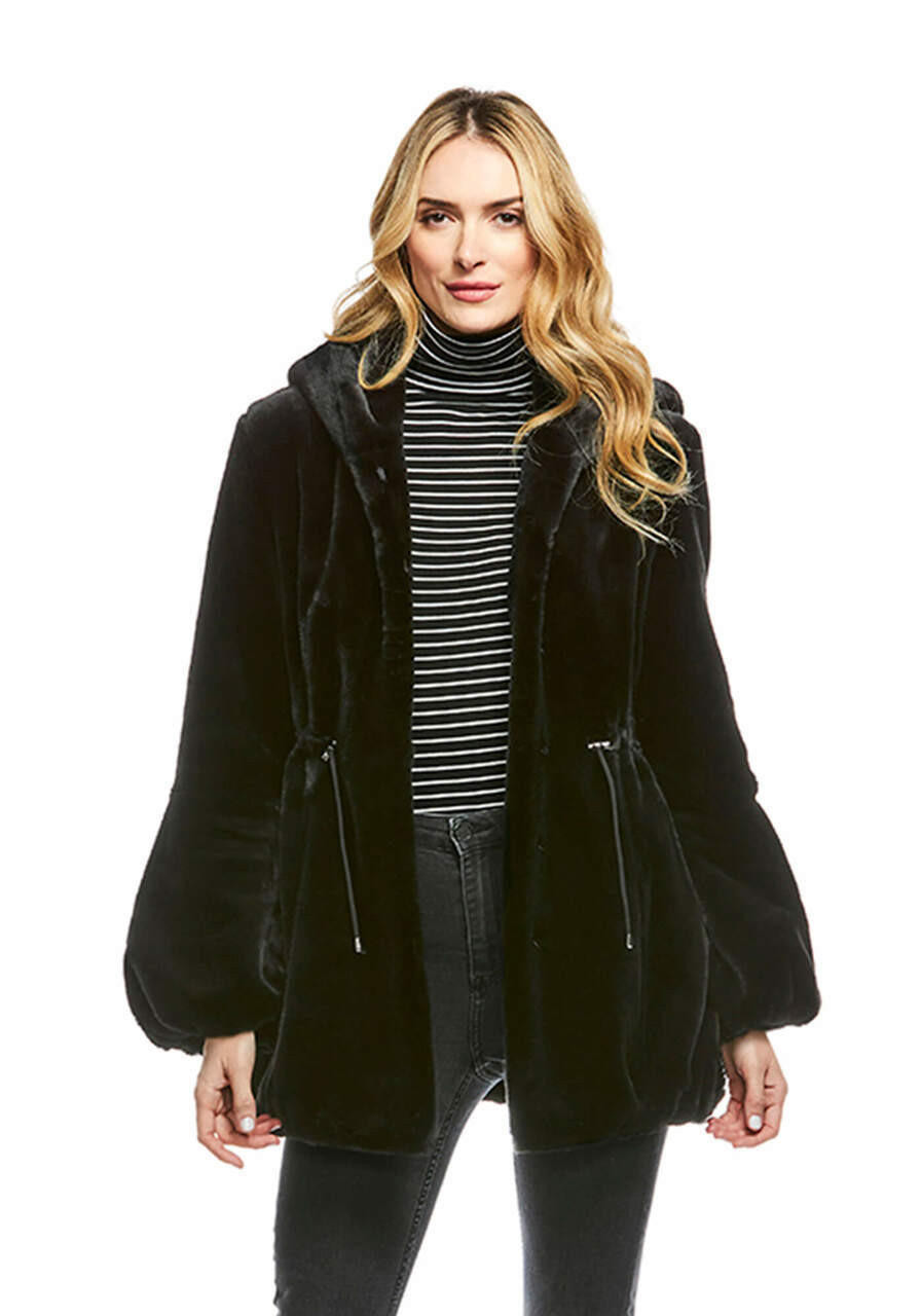 Black Sheared Beaver Hooded Faux Fur Anorak Coat