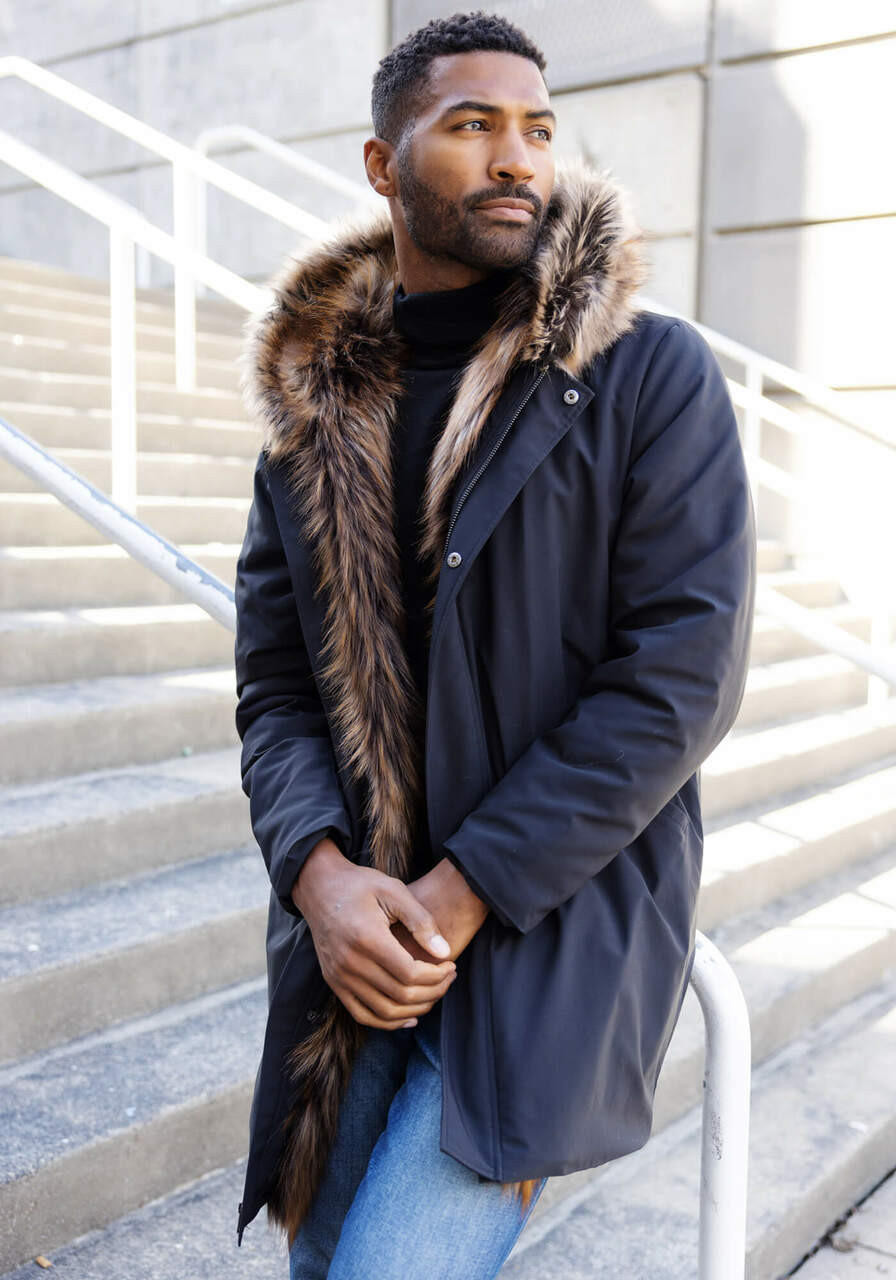 Men's Black Courtside Faux Fur-Trimmed Bomber Jacket