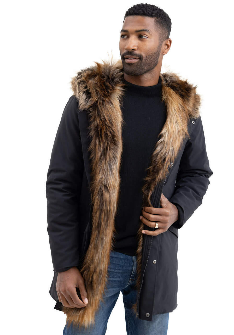 Mens black coat with fur collar