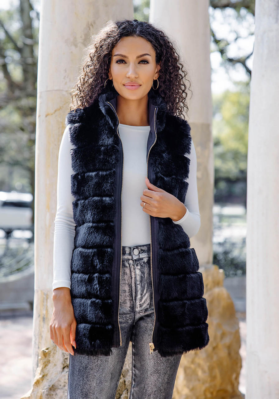 Black Mink Reversible Faux Fur Zip Vest -Fabulous-Furs