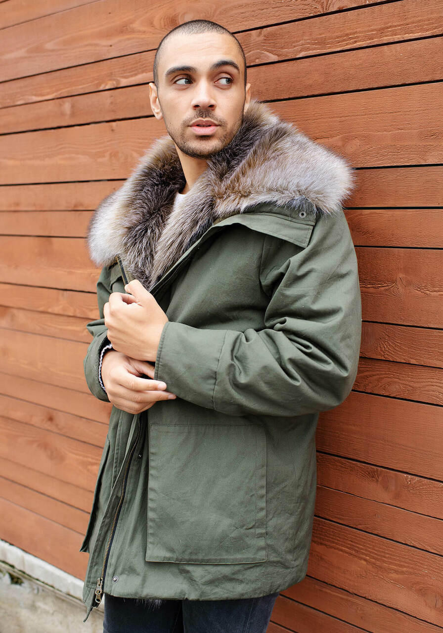 Men's Olive Alpine Anorak with Faux Fur Collar