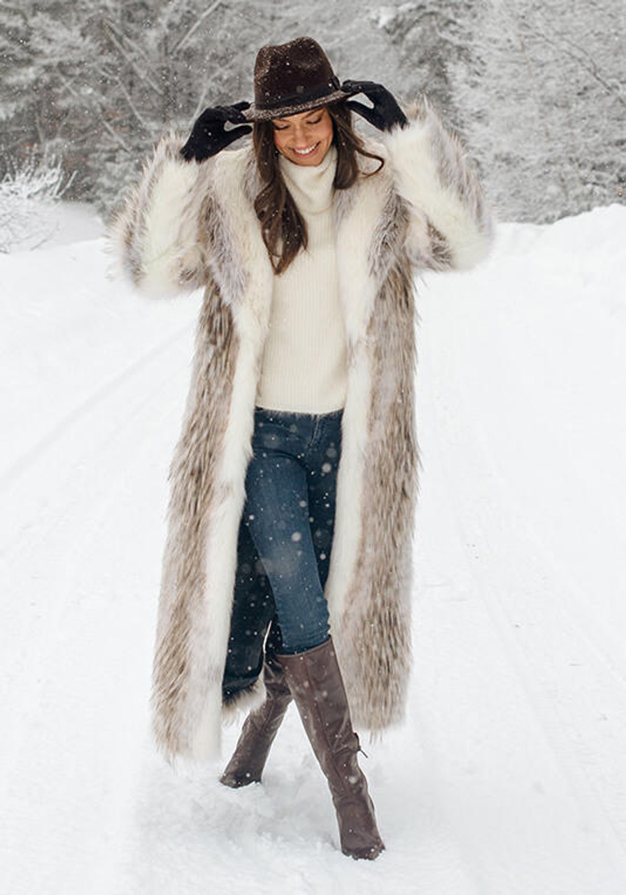 Tundra Wolf Shawl Collar Full-Length Faux Fur Coat