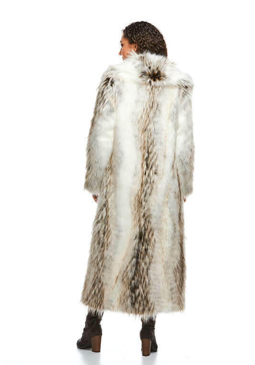 Tundra Wolf Shawl Collar Full-Length Faux Fur Coat