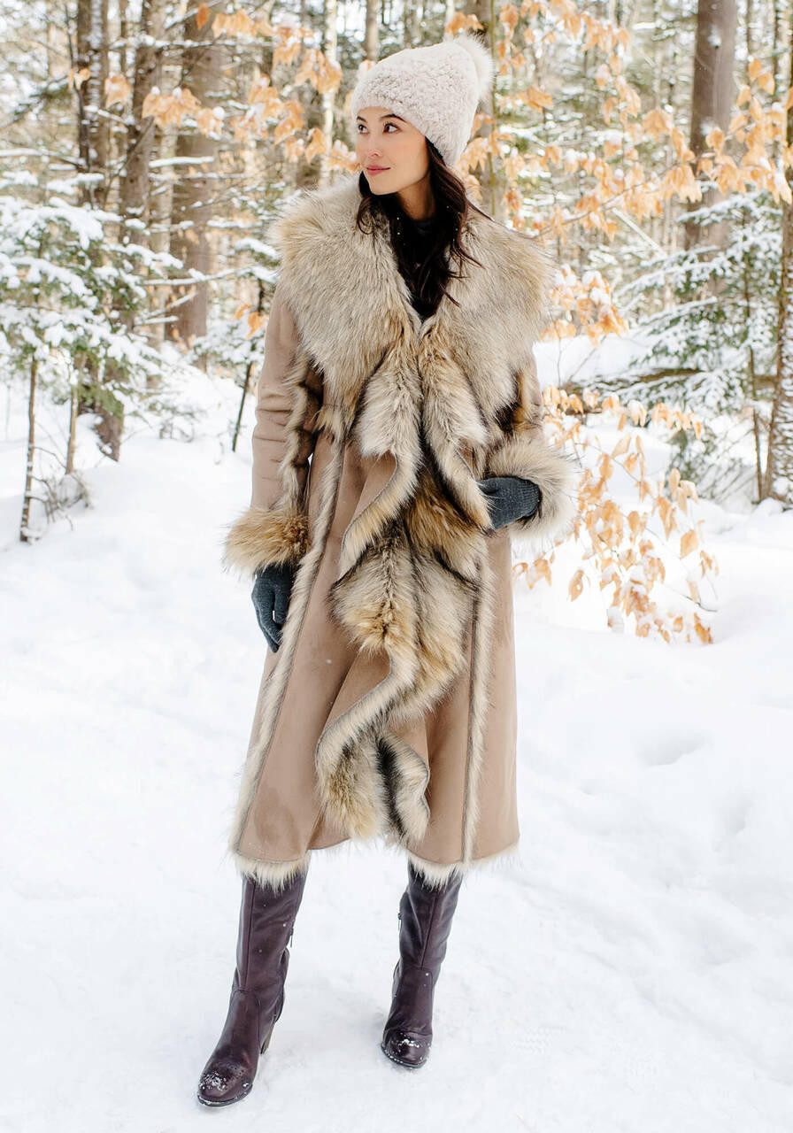 Tan Wolf Cascade Full-Length Faux Fur Coat