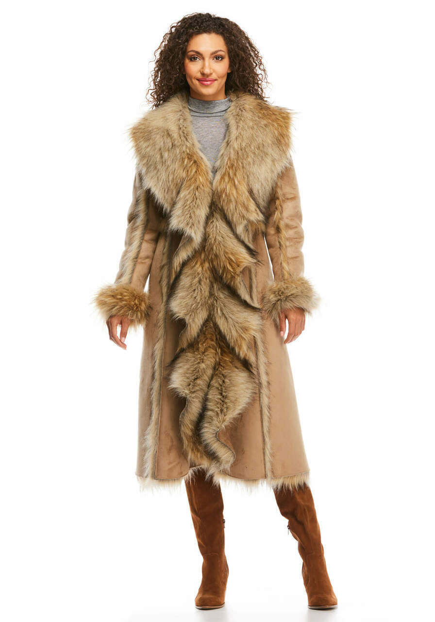 Cascade Faux Fur Trim Full Length Coat