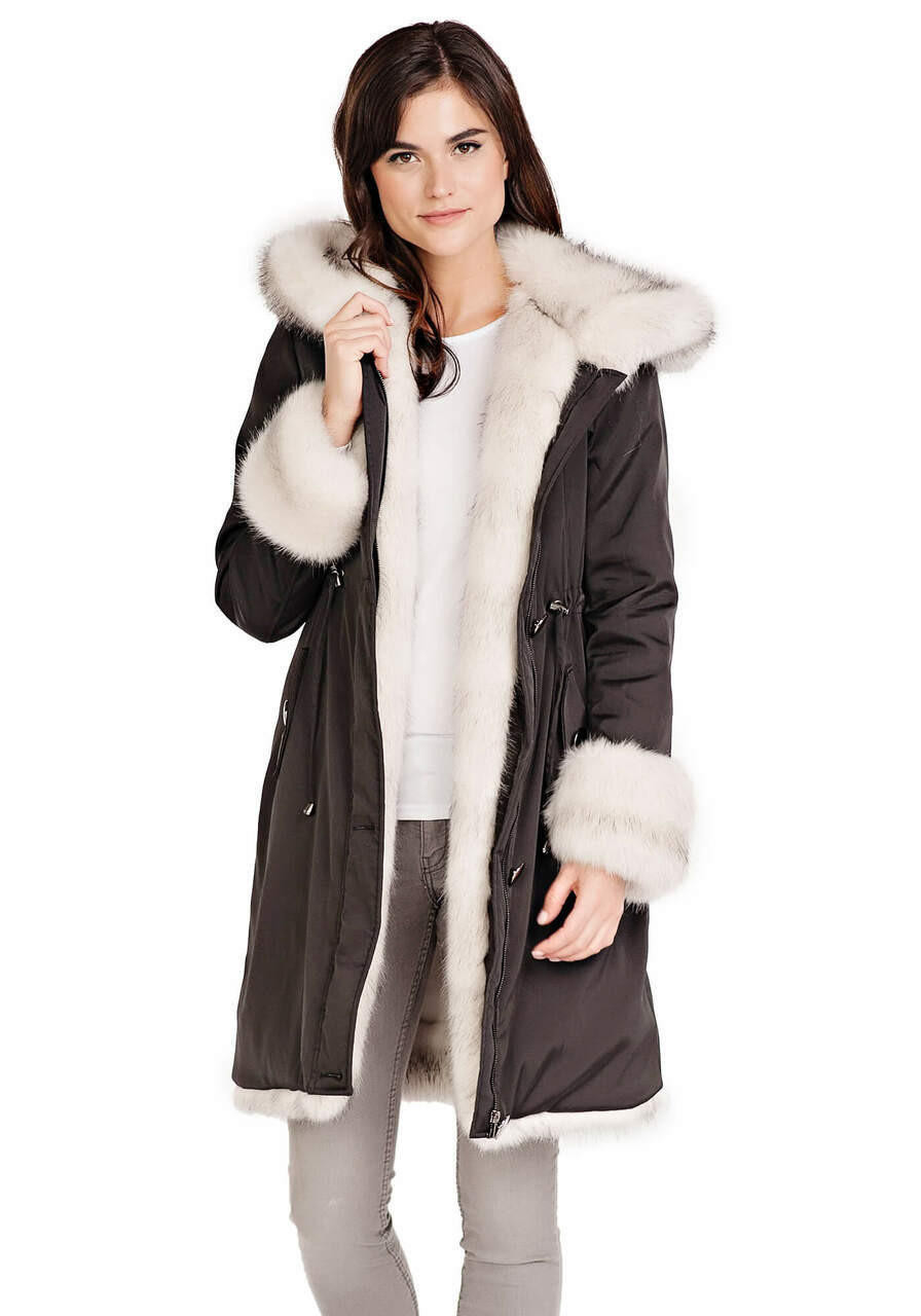 Black Hooded Faux Fur-Lined Knee-Length Storm Coat - Donna Salyers ...