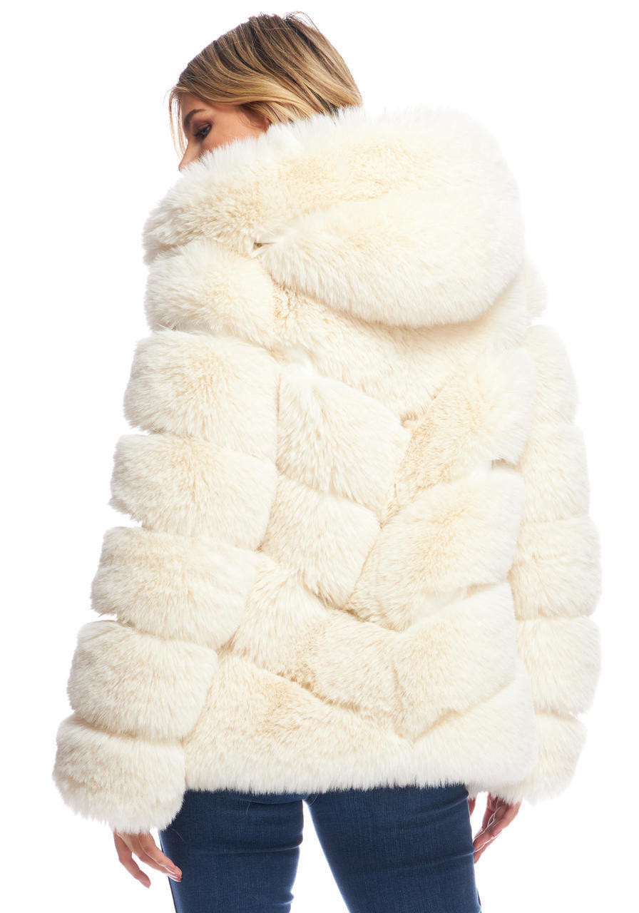 Ivory Fox Faux Fur Chateau Chevron Hooded Coat