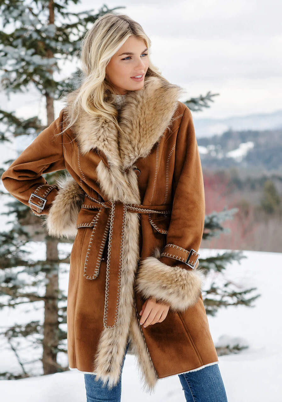 Tobacco Faux Fur Fox Collar Faux Suede Dakota Coat