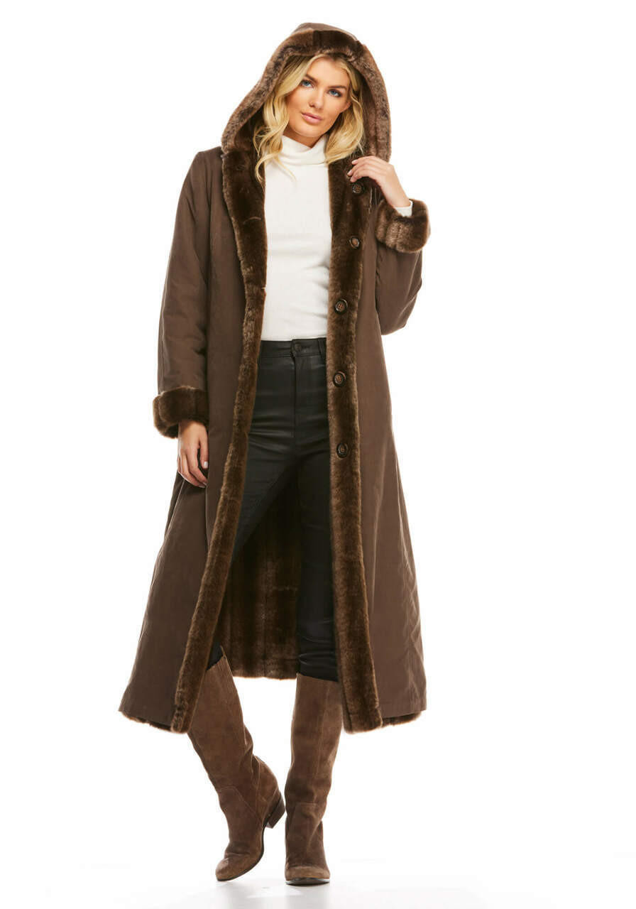 Coffee Faux Fur Hooded Reversible Storm Coat