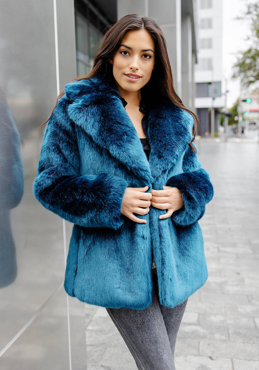 Sapphire Mink Faux Fur Couture Notch Collar Coat