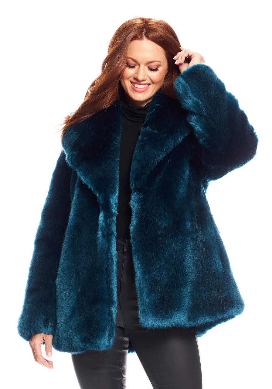 Sapphire Mink Faux Fur Couture Notch Collar Coat