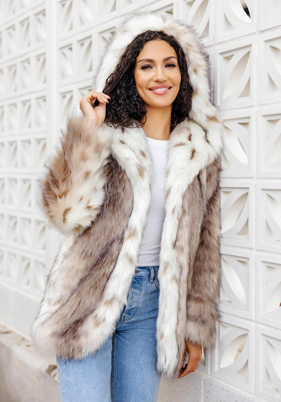 Grey faux discount fur hooded coat