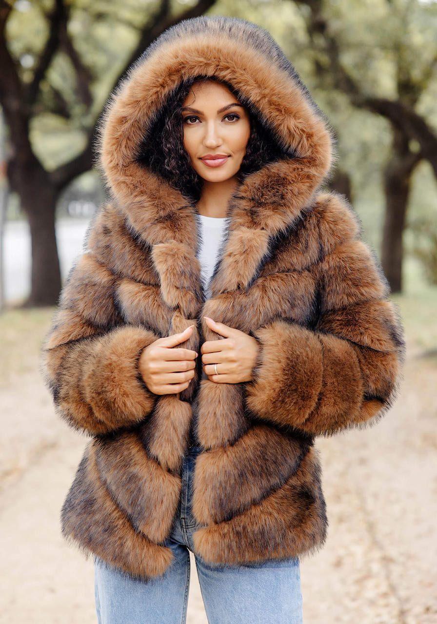 Gallery Chevron Faux Fur Long Sleeve Heavyweight Hooded Coat