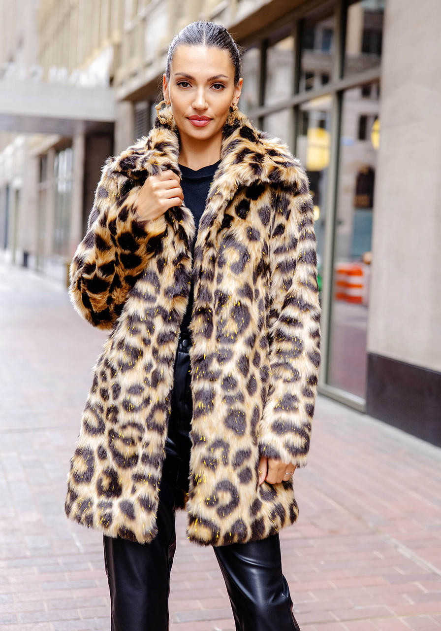 Leopard Faux Fur Stardust Knee-Length Coat - Fabulous-Furs