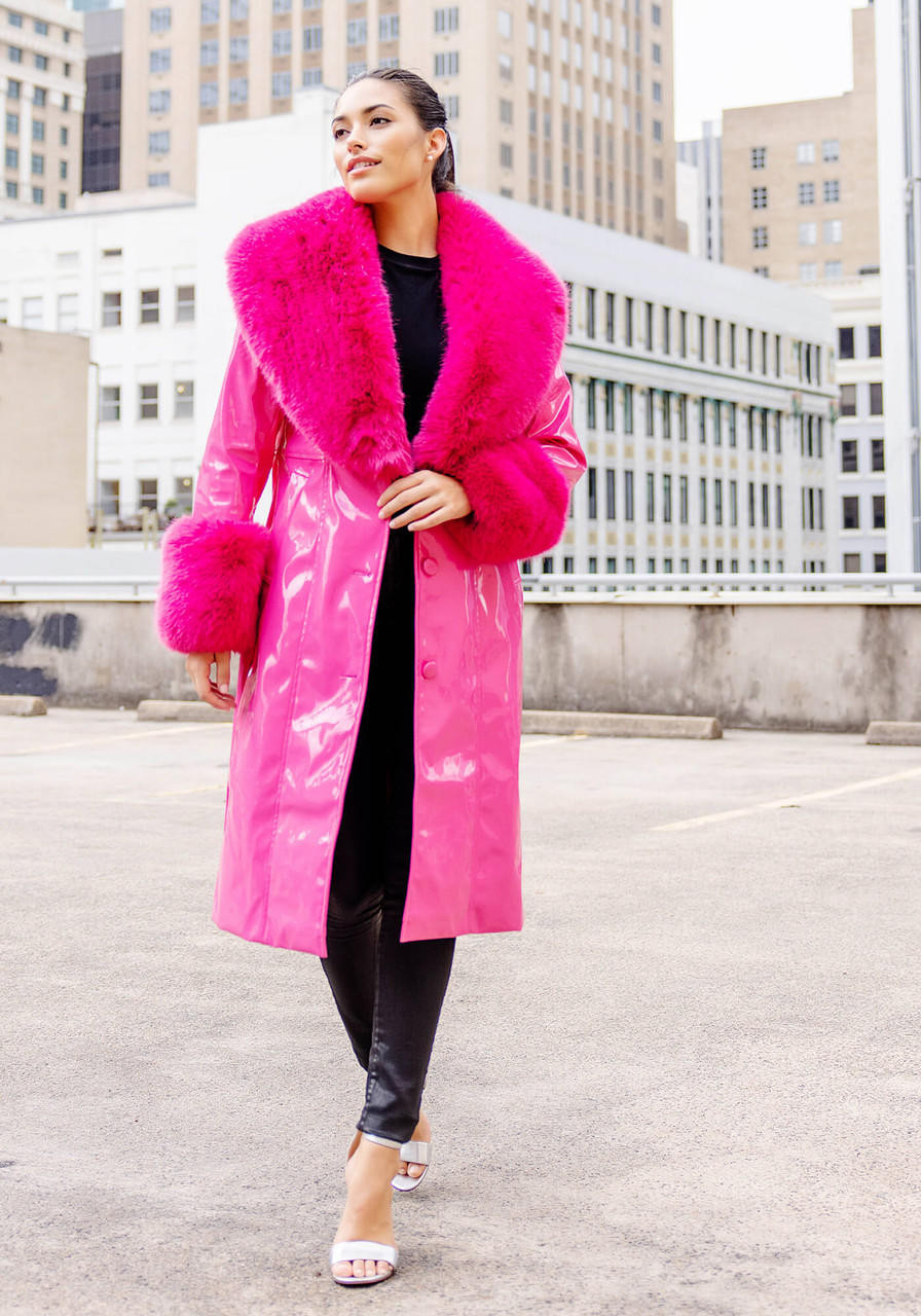 Hot Pink Faux Fur Fox Collar Girl Crush Maxi Coat