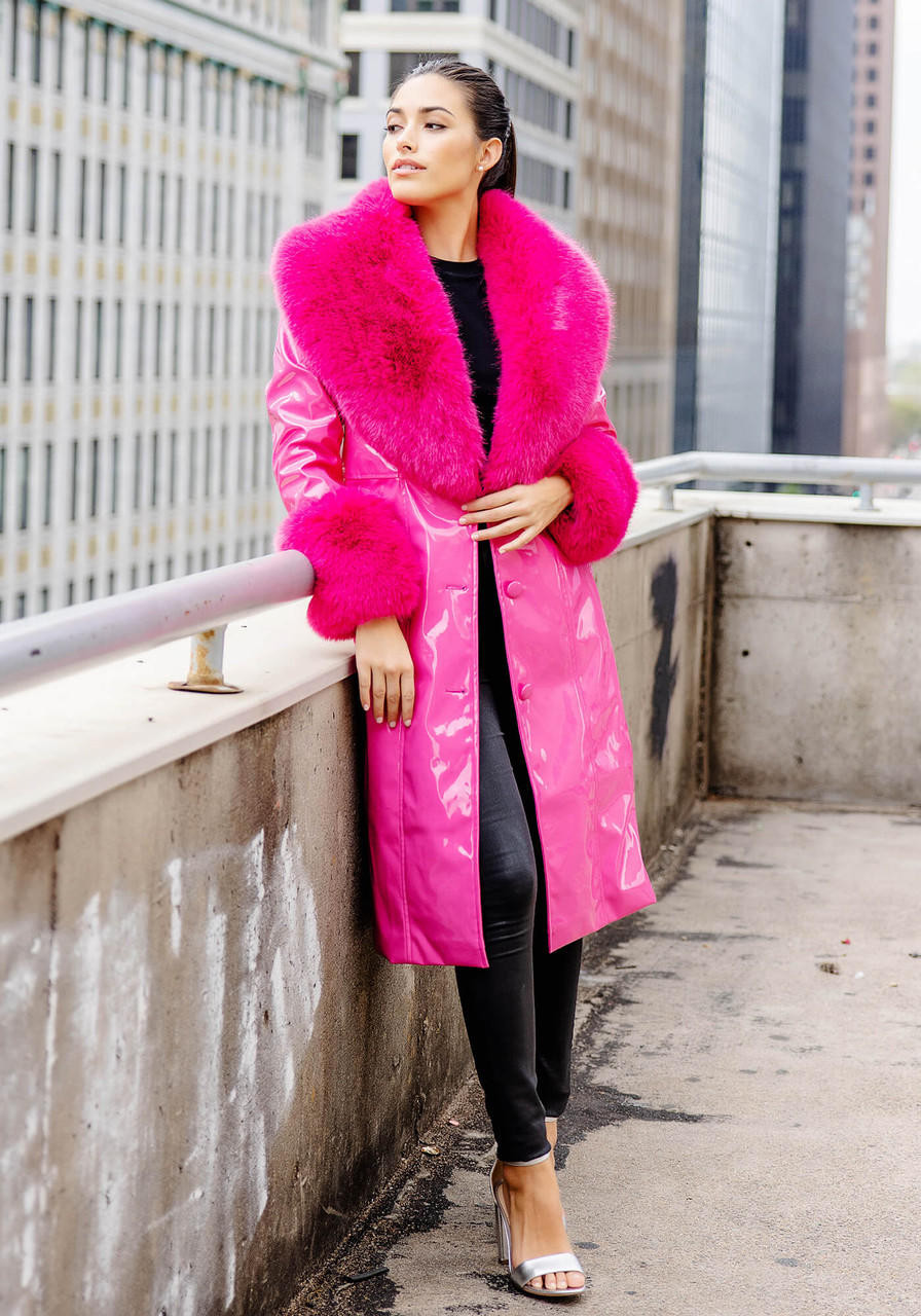 Hot Pink Faux Fur Fox Collar Girl Crush Maxi Coat