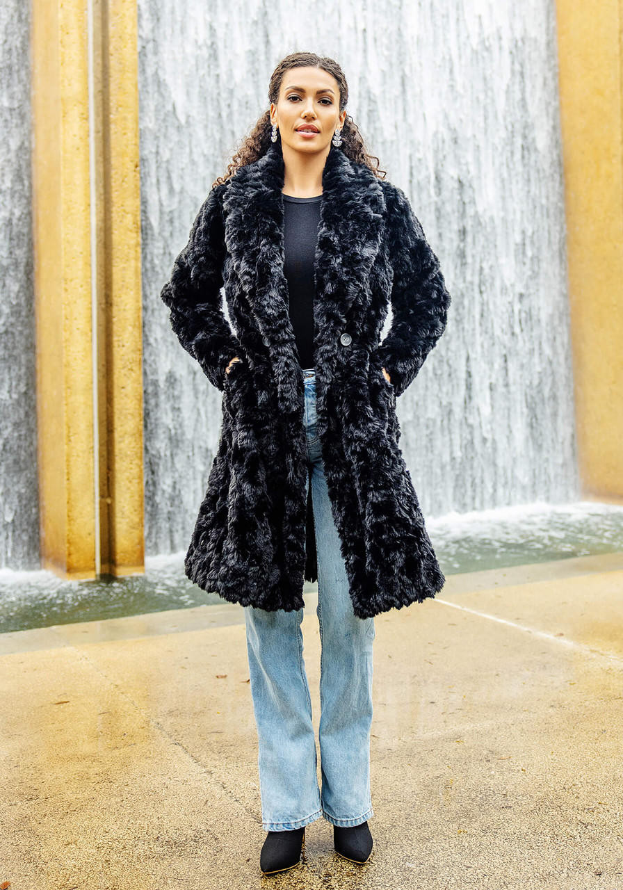 Black Faux Fur Everywhere Persian Lamb Knee-Length Coat