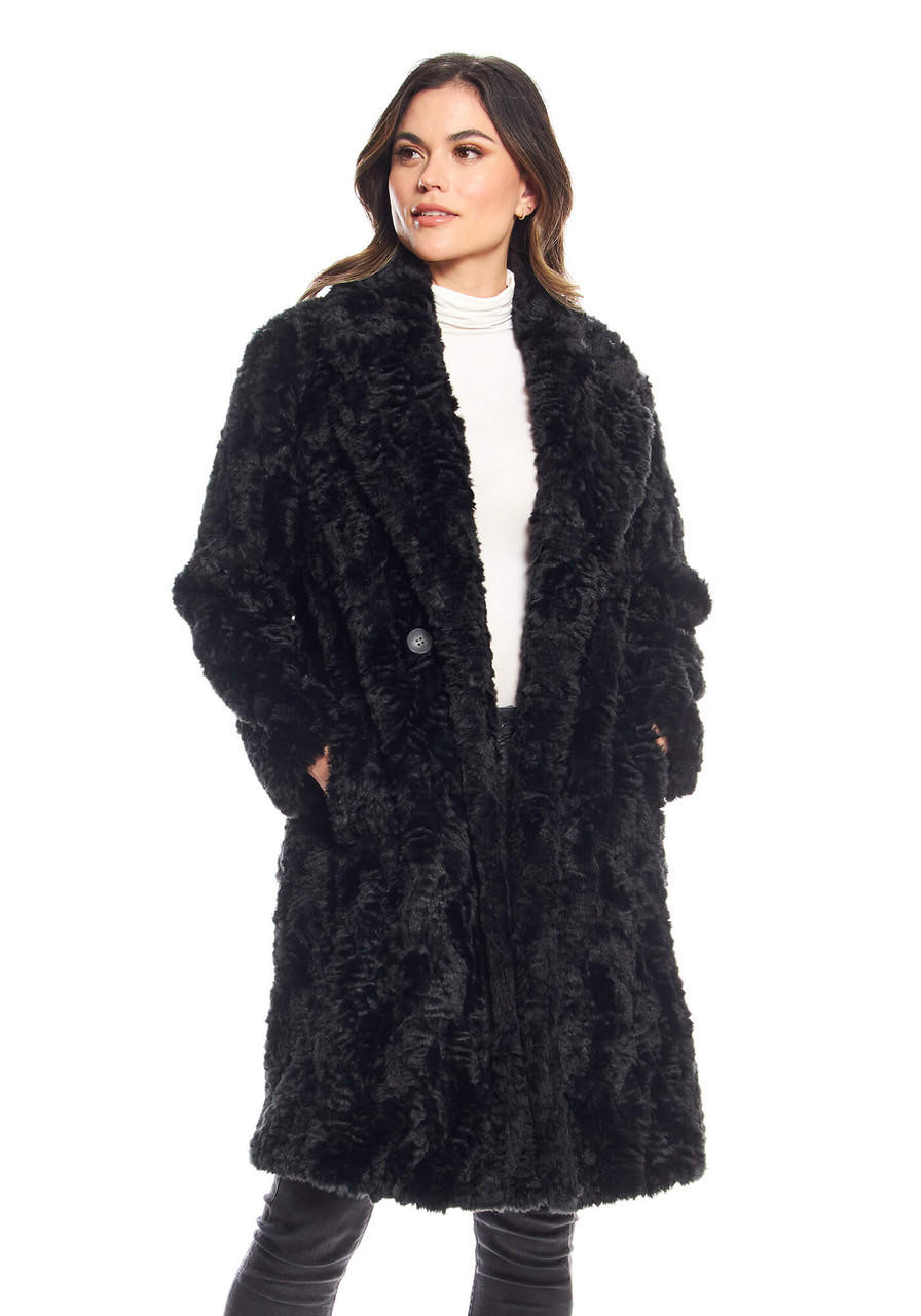 Black Faux Fur Everywhere Persian Lamb Knee-Length Coat
