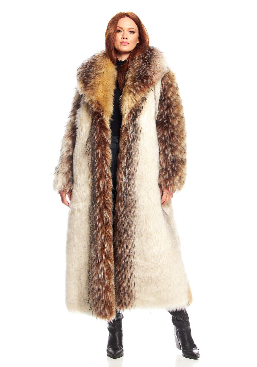 Arctic Wolf Shawl Collar Full-Length Faux Fur Coat