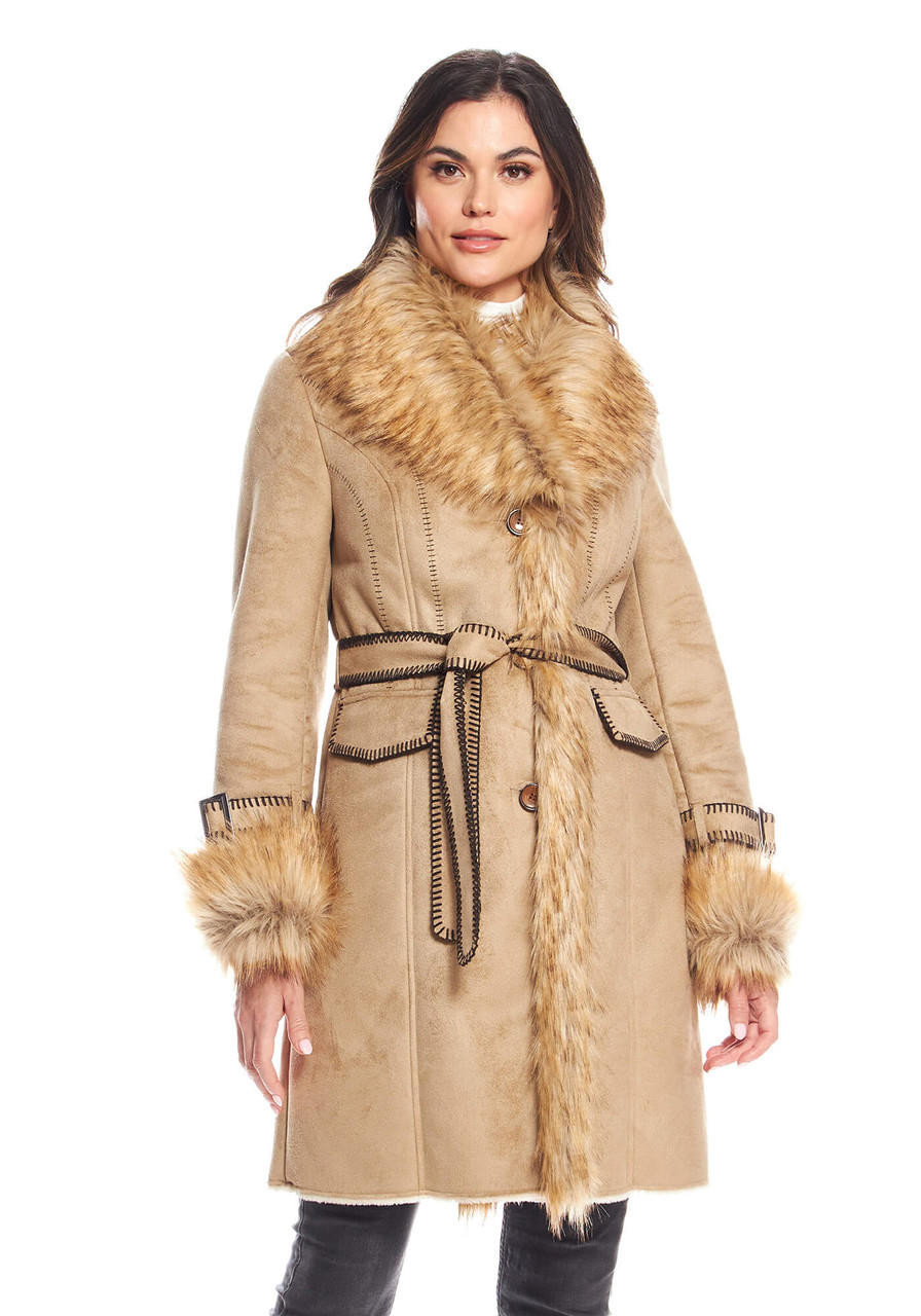 Latte Faux Fur Fox Collar Suede Dakota Coat - Fabulous-Furs