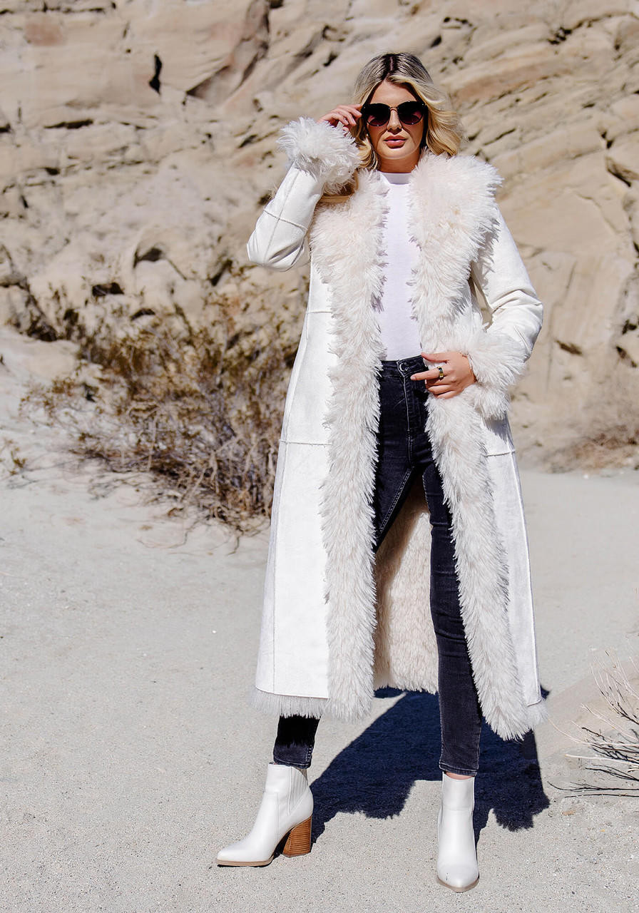 Ivory Faux Suede & Shearling Big Sky Full-Length Coat